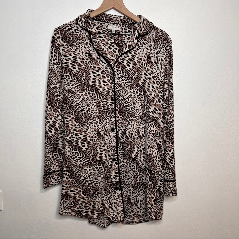 Anne Klein Leopard Print Long Sleeve Button Down Sleepwear Dress Nightgown Small